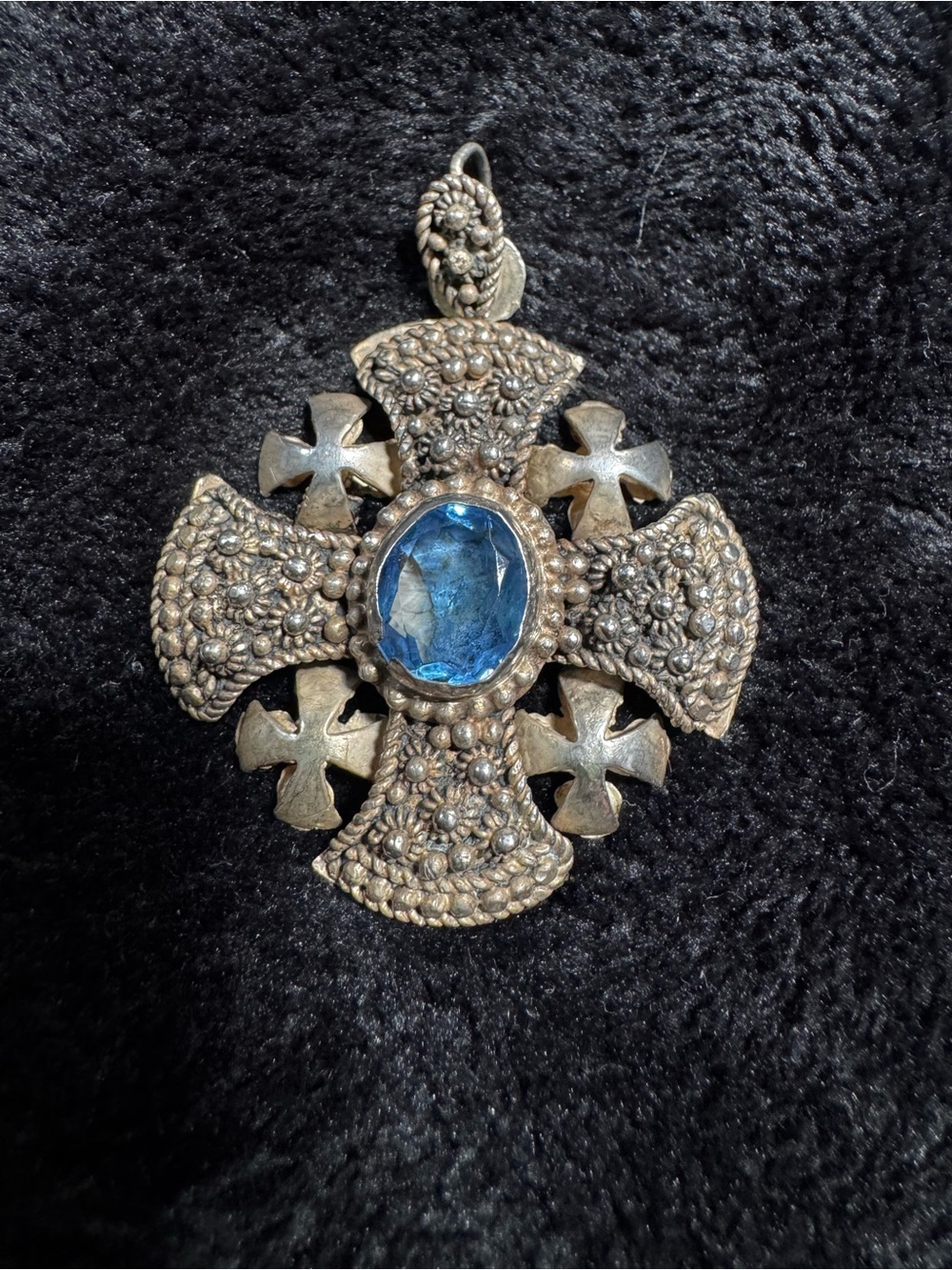 Vintage-Inspired Blue Stone Sterling Silver Cross Pendant Necklace FLAWED STONE